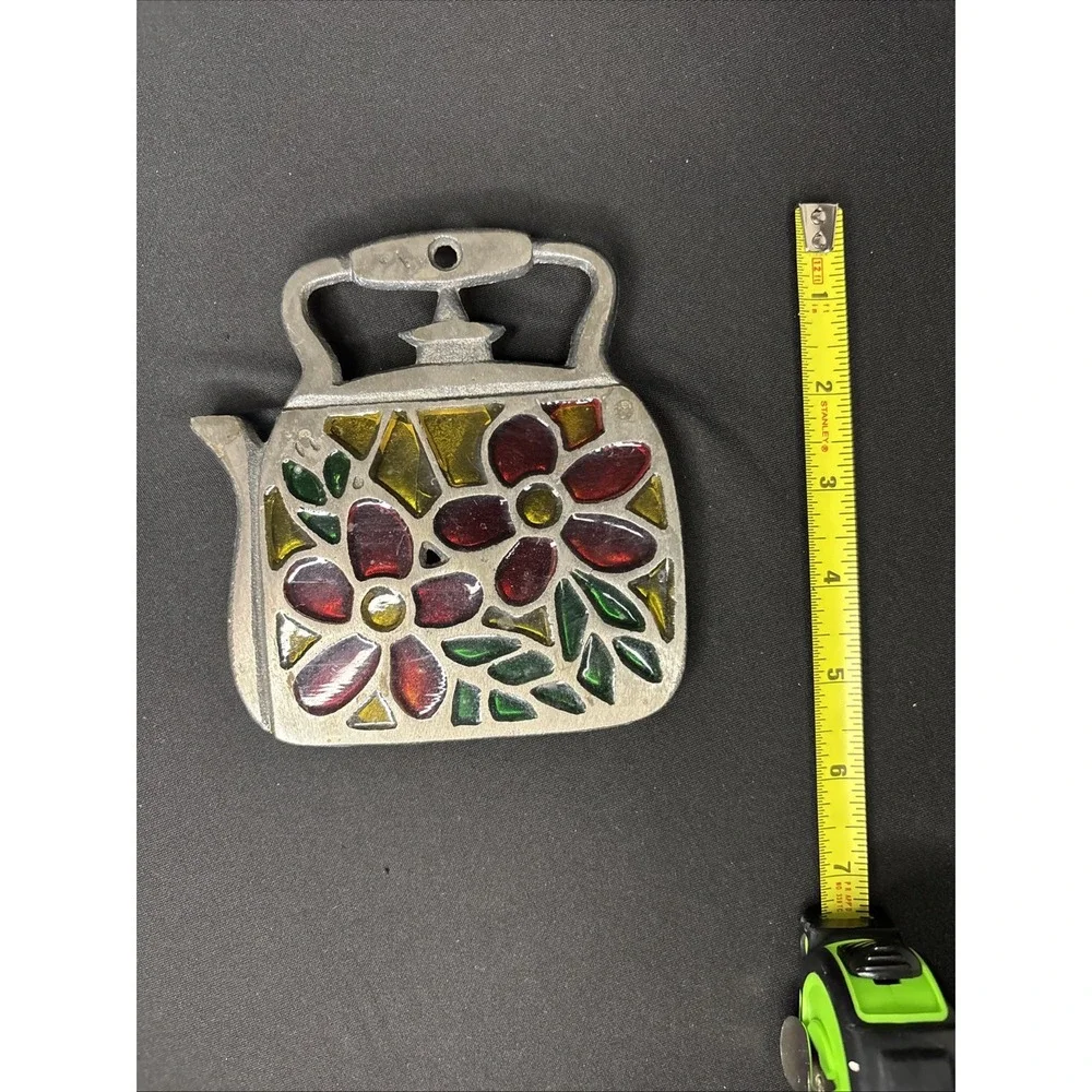 Vintage Cast Iron/Stained Glass Trivet‎ For Tea Kettle w/Flowers